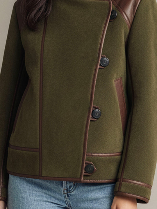Asymmetric Olive Green Wool Jacket With Leather Trim