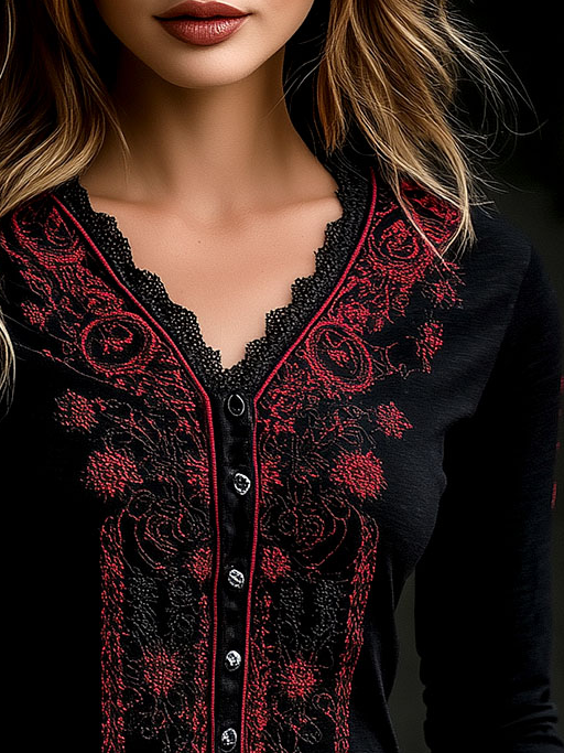 Ethnic Embroidery Lace Trim Henley T-shirt