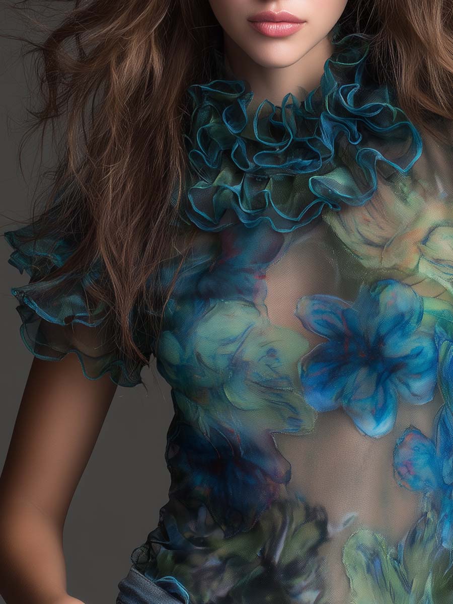Vintage Boho Sheer Floral Ruffle Mesh Top