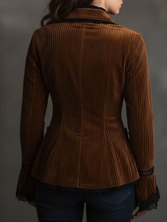 Vintage Luxe Amber Velvet Pleated Jacket With Black Lace Trim