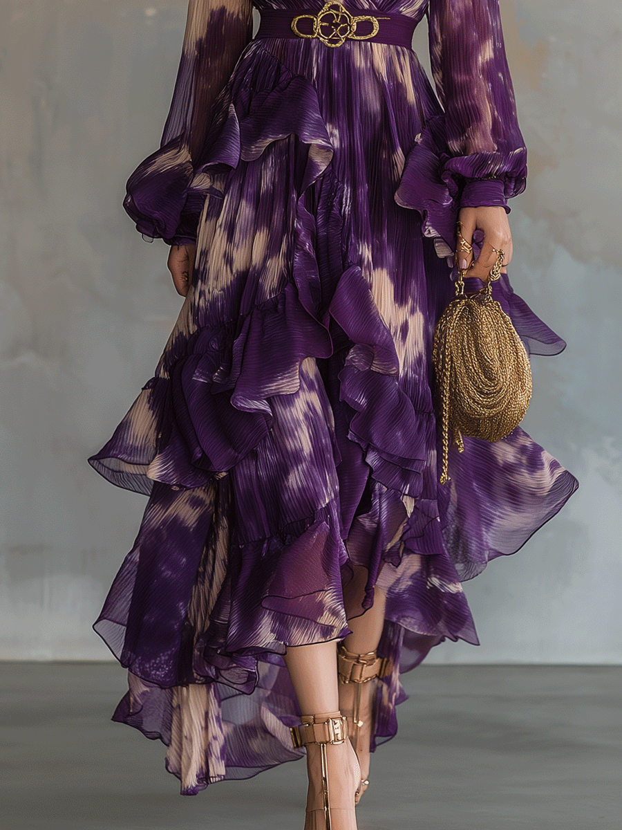 Bohemian Purple Ruffle Chiffon Maxi Dress