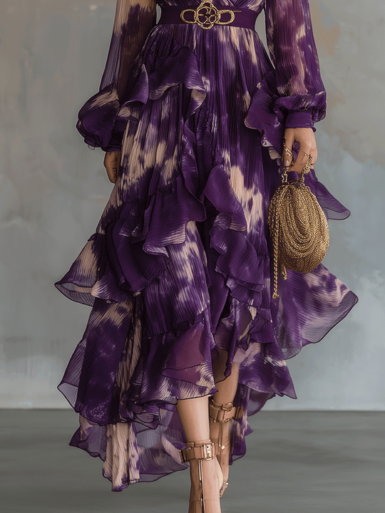 Bohemian Purple Ruffle Chiffon Maxi Dress