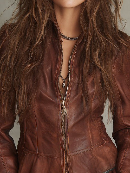 Retro Ruffled Hem Front Zip Eco-friendly PU Jacket