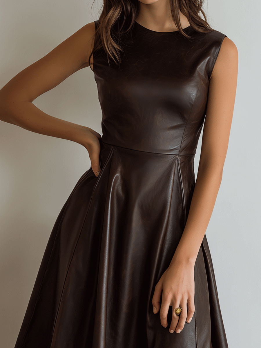 Vintage Brown Faux-Leather A-Line Midi Dress