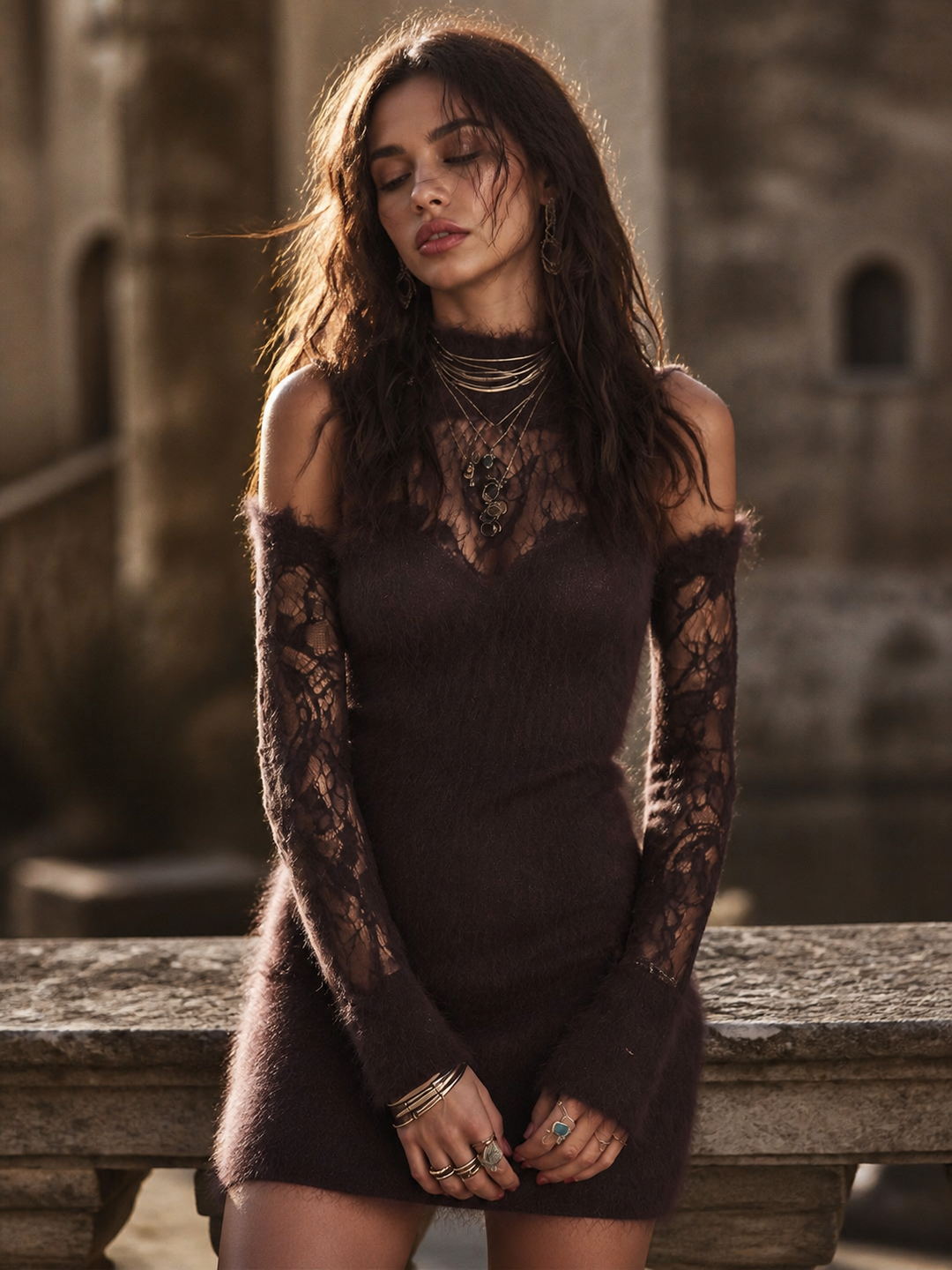 Retro Mohair And Lace Patchwork Long-sleeved Mini Dress
