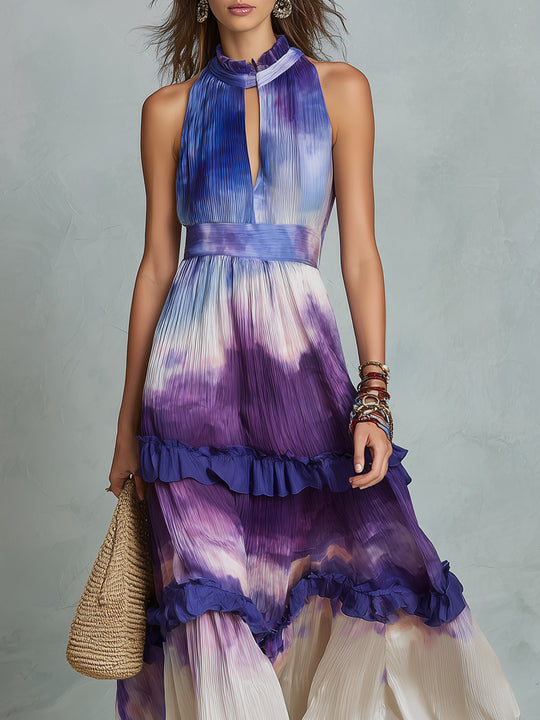 Retro Keyhole Collar Pleated Ruffle Hem Maxi Dress