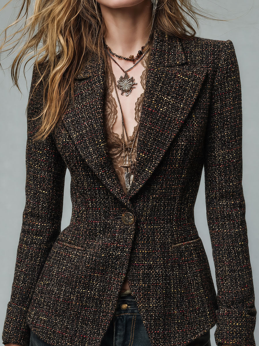 Vintage Lapel Collar Single-button Slim-fit Tweed Blazer