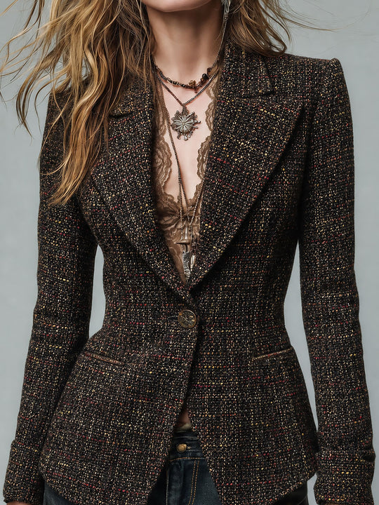 Vintage Lapel Collar Single-button Slim-fit Tweed Blazer