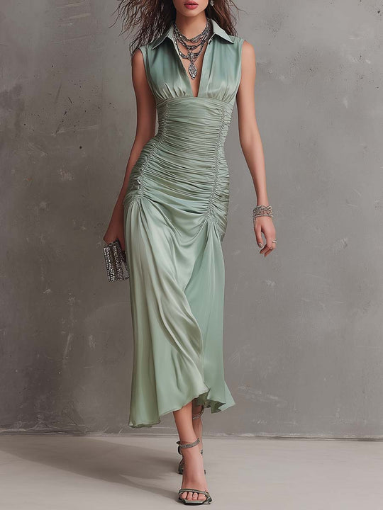Elegant Sage Ruched Midi Dress