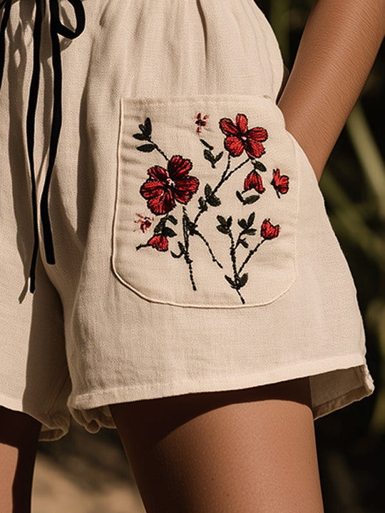 Bohemian Floral Embroidered Pocket Linen Shorts