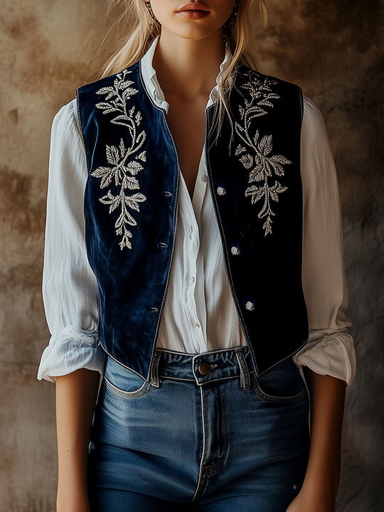 Chic Silver Leave Embroidery Button Down Velvet Vest