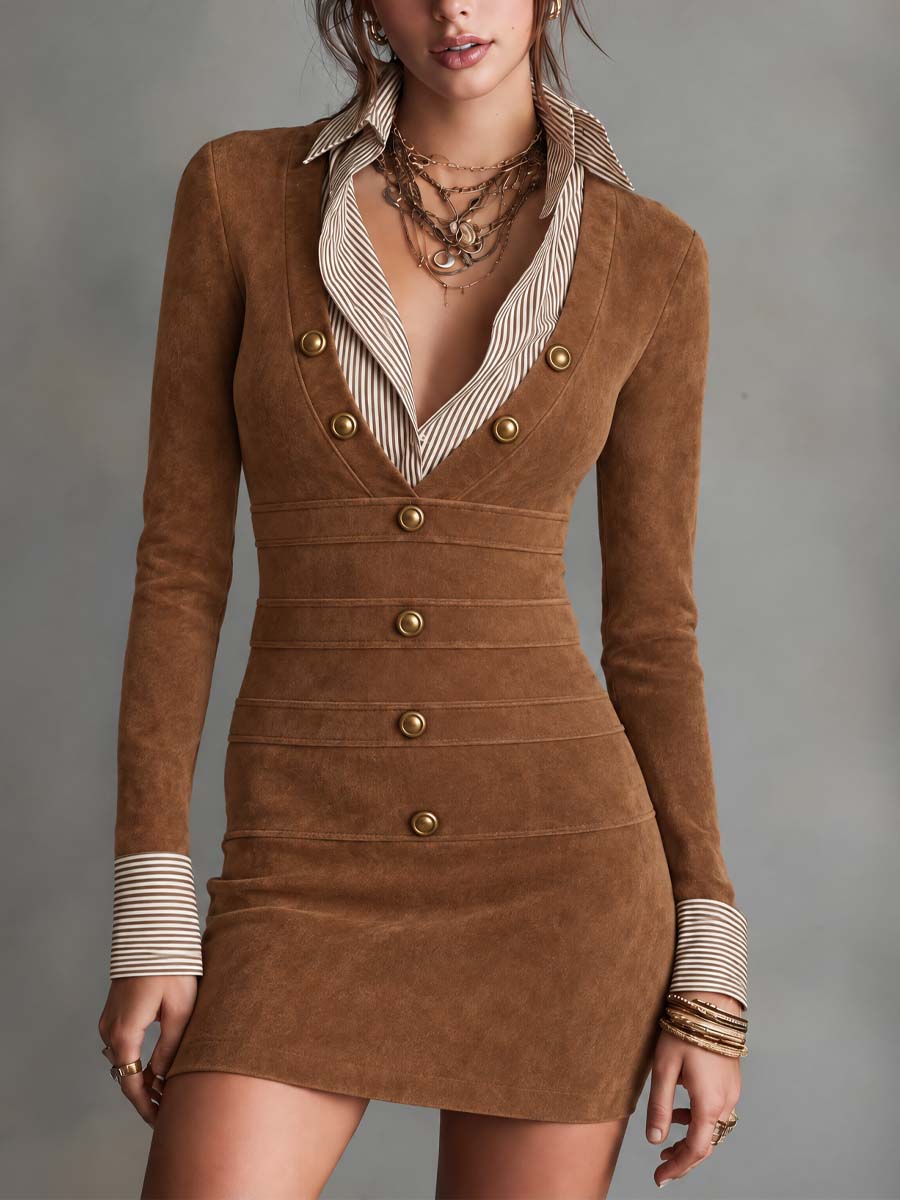 Brown Suede-Look Long Sleeve Bodycon Mini Dress with Striped Shirt Collar & Cuffs