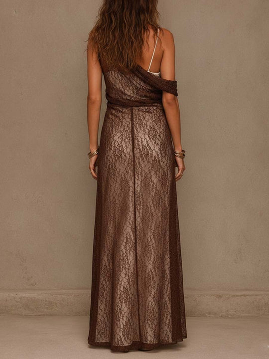 Asymmetrical Draped Sheer Tencel And Lace Maxi Dress Two Piece Set