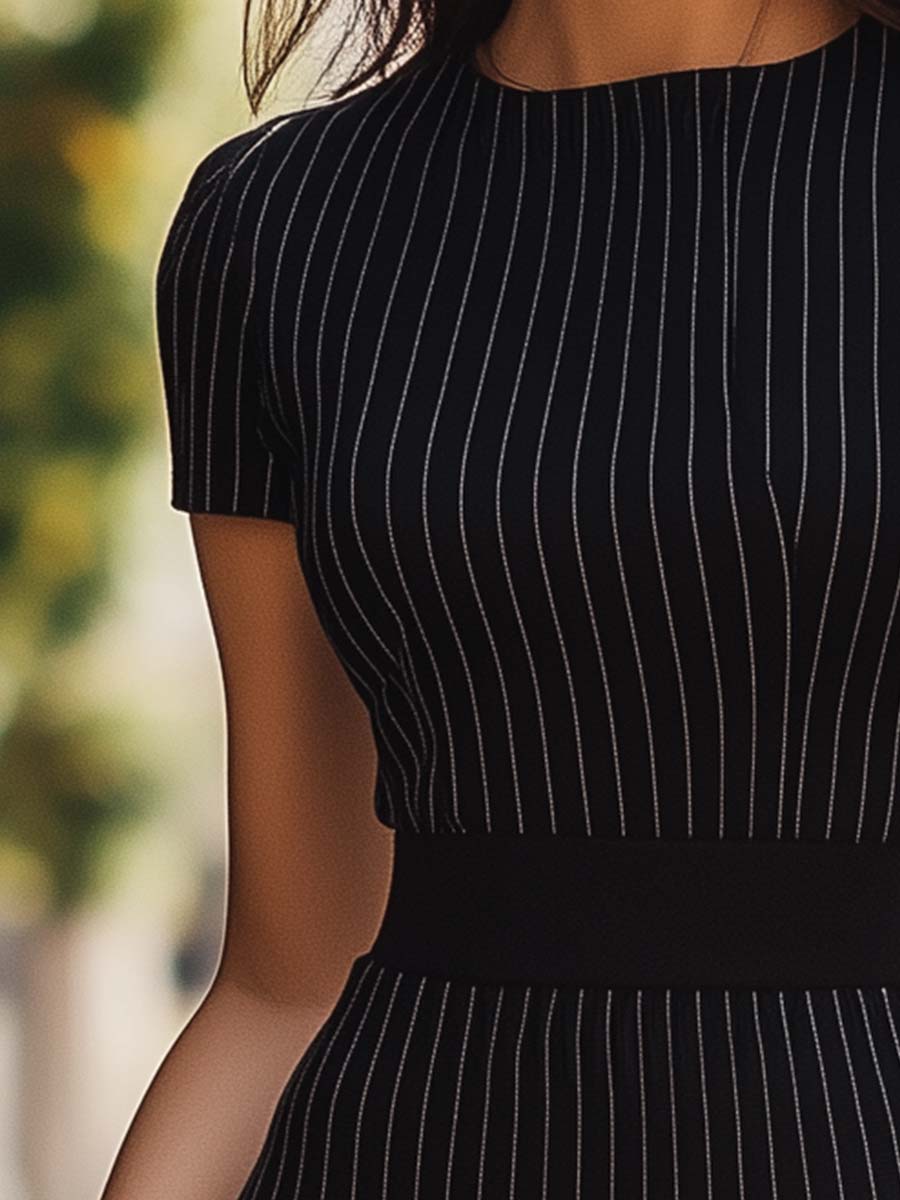 Elegant Short-Sleeve Pinstripe Bodycon Dress