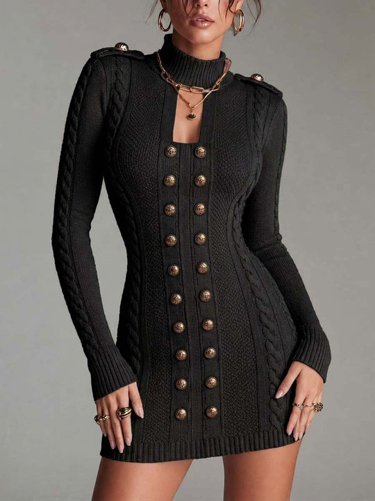 Vintage Military Style Cable Knit Zip-Up Sweater Dress With Gold Button
