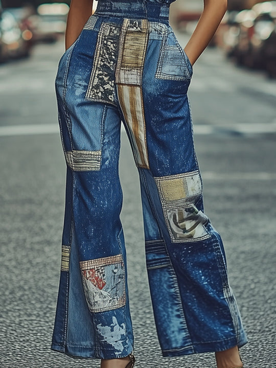 Fashion Art Blue Patchwork Denim Jumpsuit