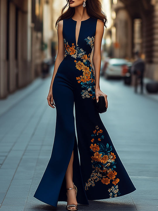 Elegant V-neck Floral Print Side Slits Flare Jumpsuit