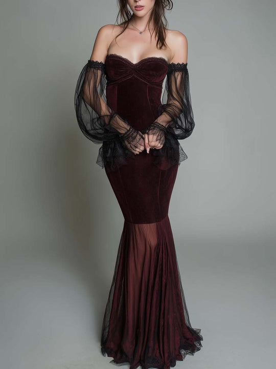 Retro Off-the-shoulder Polyester Velvet Sheer Sleeves Gown Maxi Dress