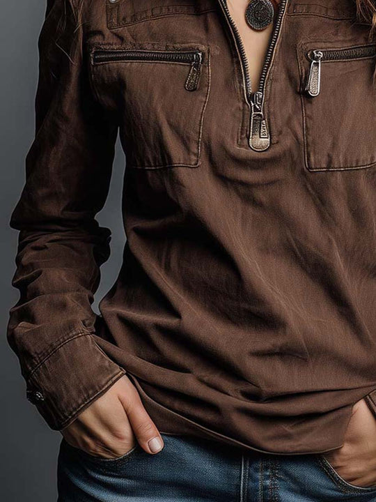 Vintage Brown Washed Denim Zip-Up Shirt
