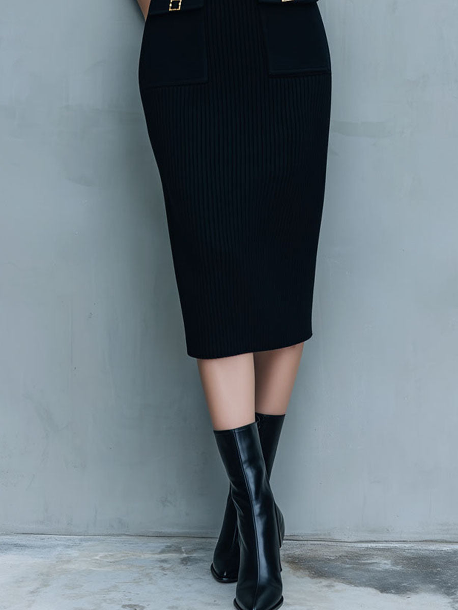 High-Neck Black Ribbed Knit Midi Dress With Gold Buckle