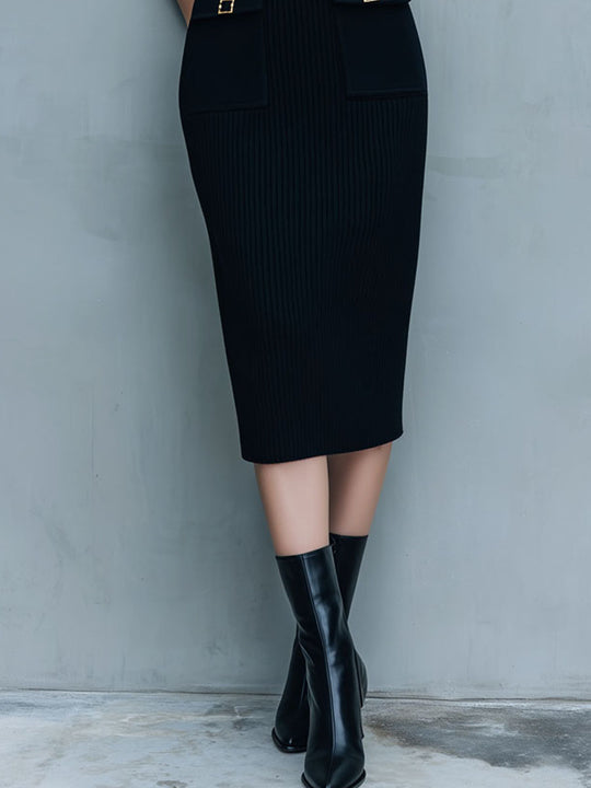 High-Neck Black Ribbed Knit Midi Dress With Gold Buckle