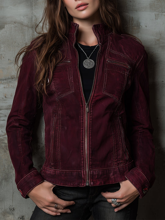 Vintage Washed Front Zip Straight Denim Jacket