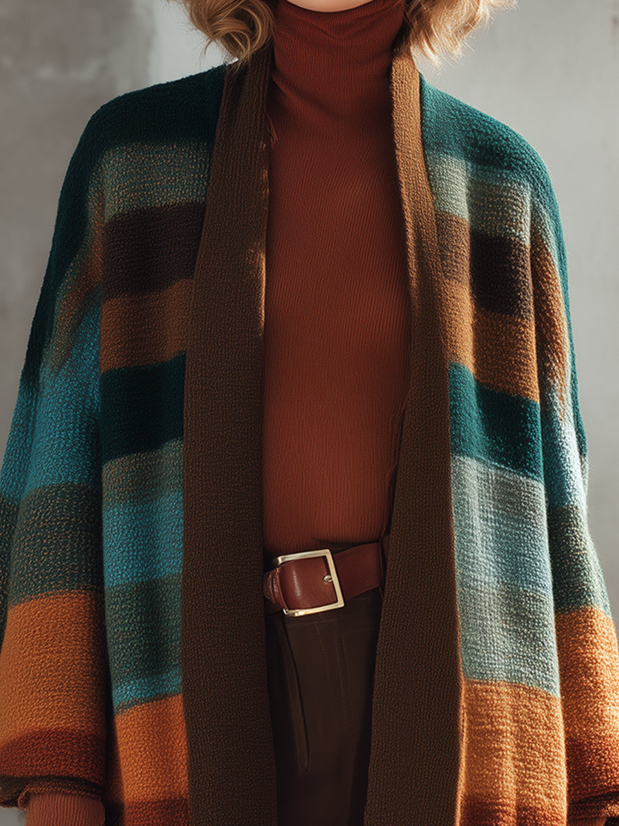 Bohemian Colorful Striped Knitted Fringed Hem Cardigan