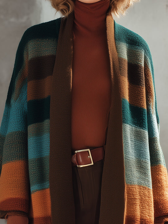 Bohemian Colorful Striped Knitted Fringed Hem Cardigan