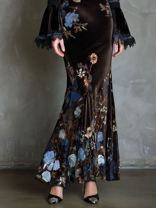 Elegance Midnight Velvet Floral Gown With Lace Trim