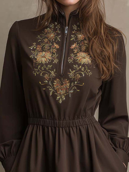 Embroidered Zip-Neck Long Sleeve Mini Dress
