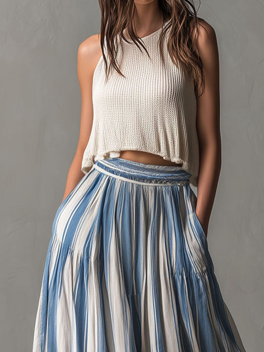 Boho Ivory Knit Top And Blue Striped Maxi Skirt Set