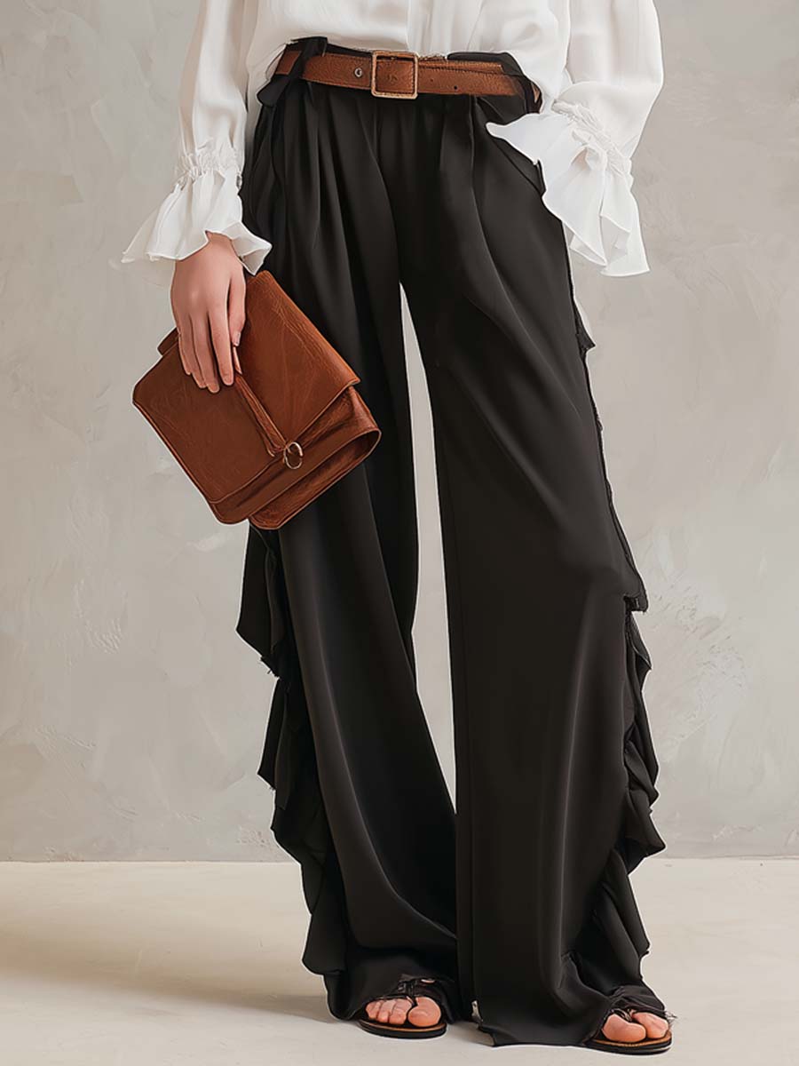 Retro Ruffled Chiffon Shirt And Pants Two-piece Set