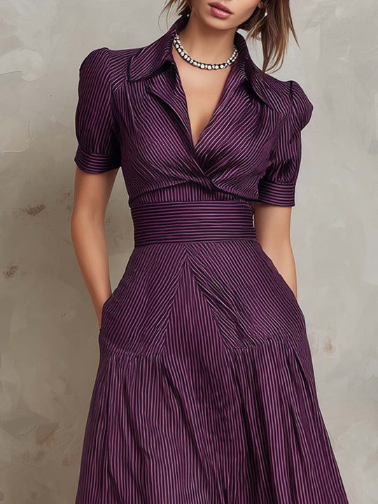 Retro Striped Matte Polyester Satin Midi Dress