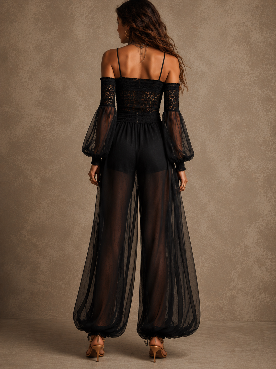 Vintage Black Lace Sheer Mesh Off-Shoulder Jumpsuit