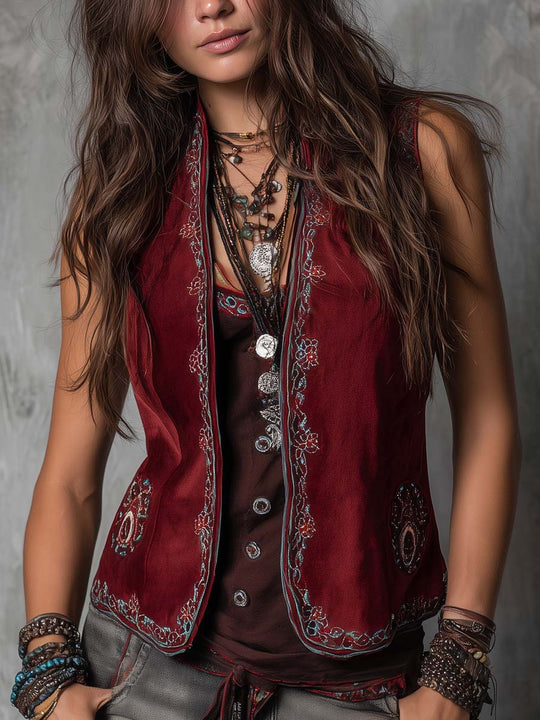 Retro Embroidered Trim Polyester Satin Vest