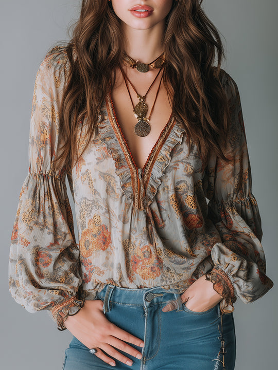 Bohemian Leopard Print Ruffled Front Zip Blouse