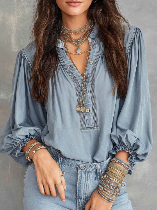 Retro Pleated Shoulder Denim Blouse