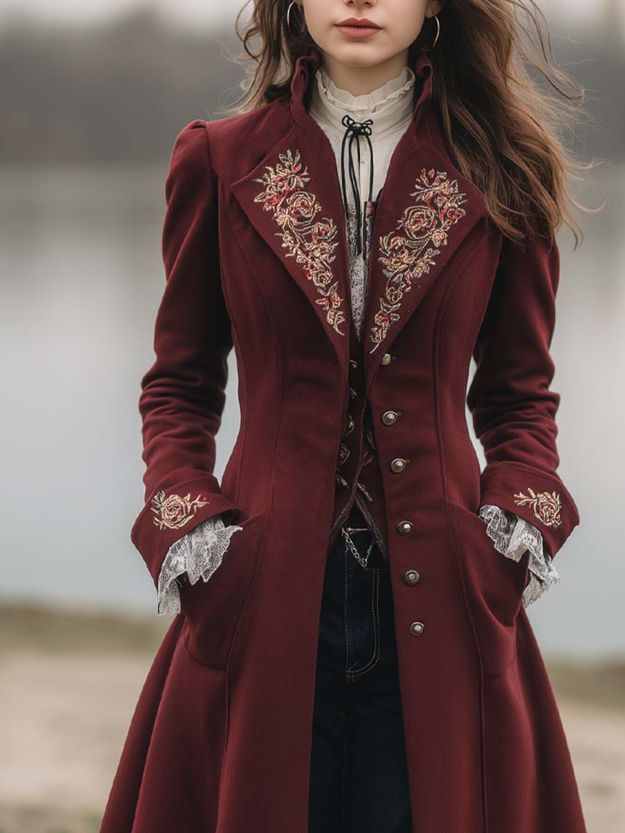 Vintage Floral Embroidered Flare Hem Coat