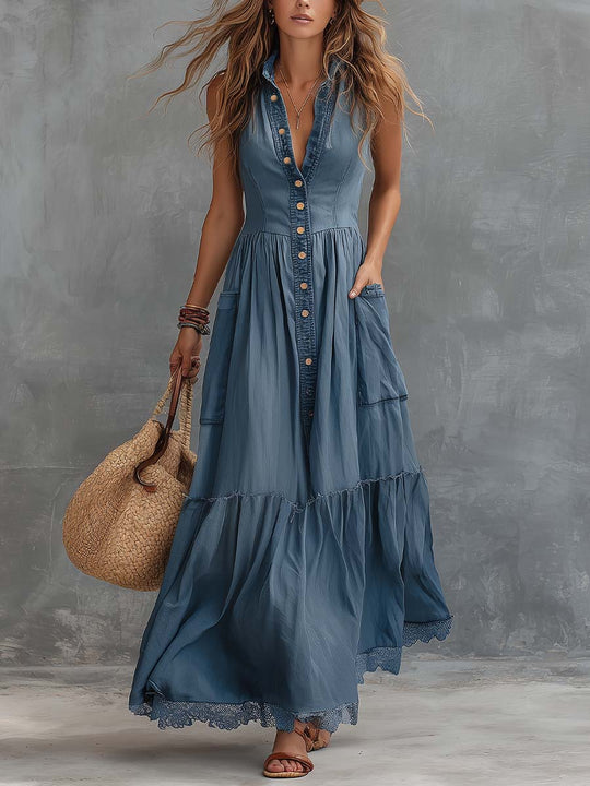 Tencel Denim Sleeveless Button-down Long Dress