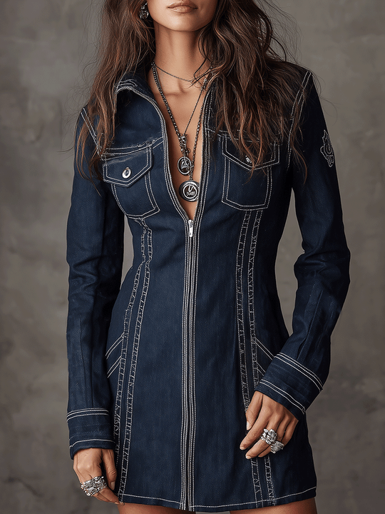 Boho Western Indigo Denim Zip Mini Dress