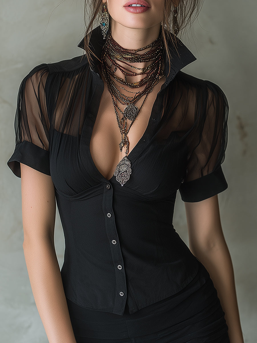 Retro Chiffon Patchwork Blouse & Bodycon Skirt Set