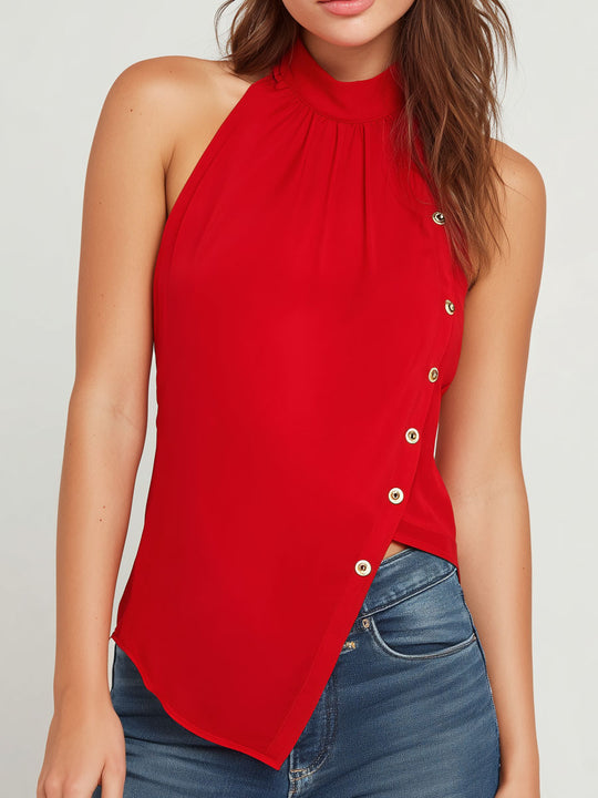 Chic Red Halter Neck Asymmetrical Sleeveless Top