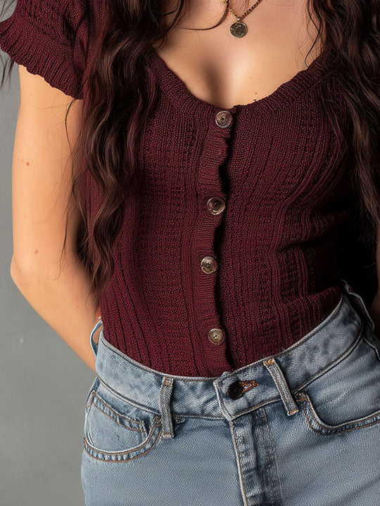 Classic Burgundy Button Front Ribbed Knit Slim Fit Top