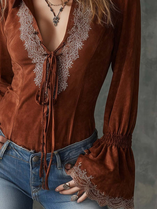 Lace Neckline Bell Cuffs, Polyester Suede Blouse