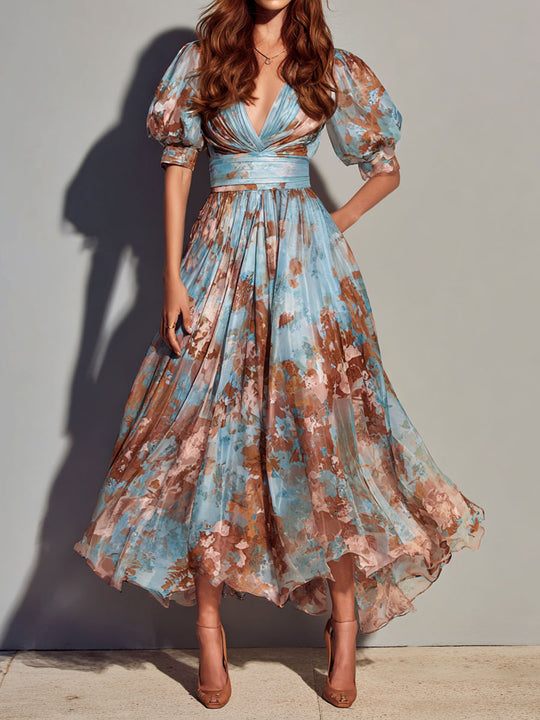 V-Neck Puff Sleeves Sky Blue And Mocha Floral Chiffon Midi Dress