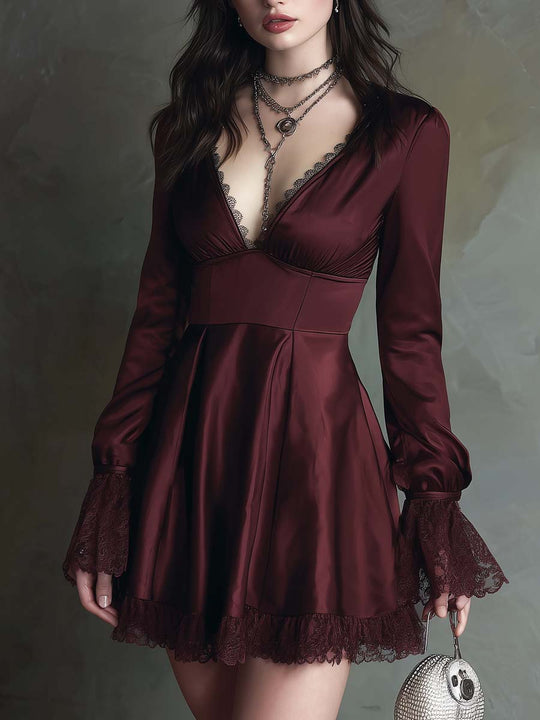 Retro Flare Hem Lace Trim Polyester Satin Mini Dress