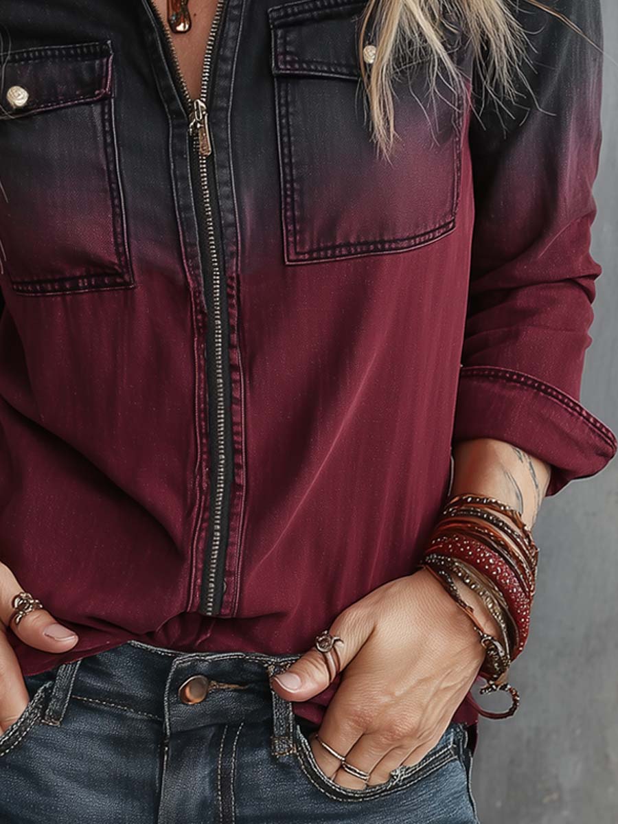 Retro Black And Red Gradient Zipper Denim Blouse