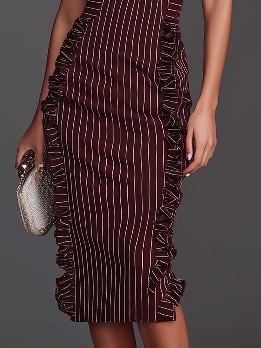 Burgundy Pinstripe Halter Ruffle Midi Dress