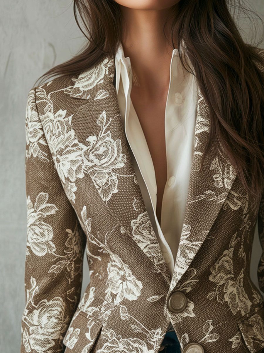 Classic Taupe Floral Brocade Denim Tailored Blazer