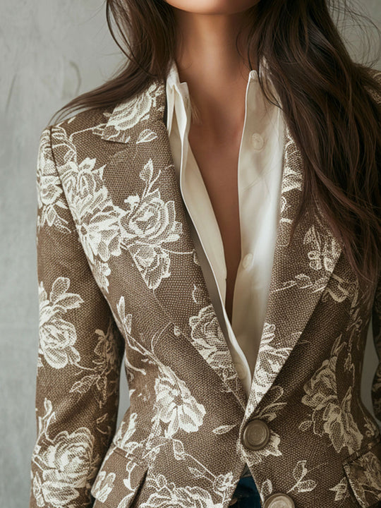 Classic Taupe Floral Brocade Denim Tailored Blazer